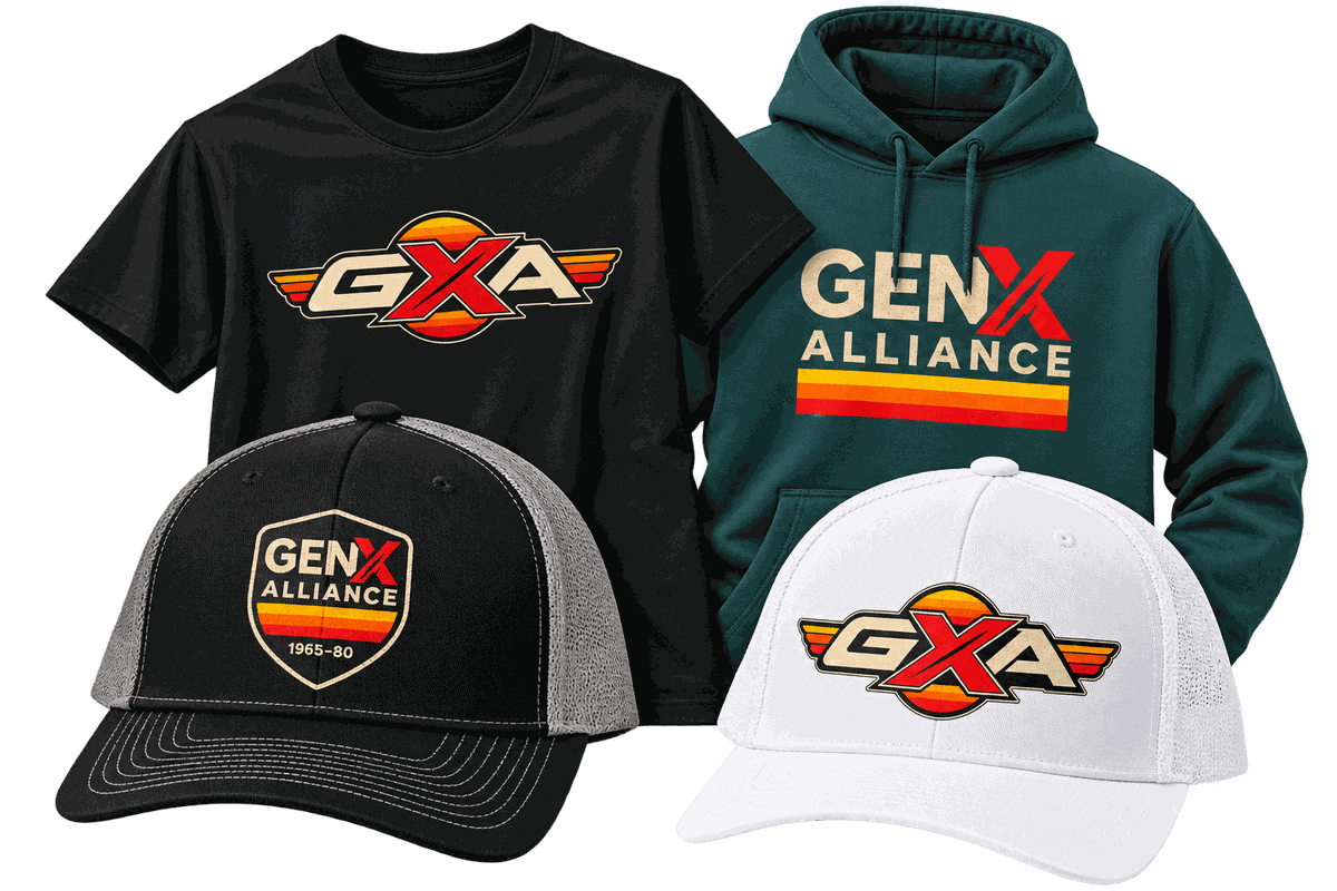 GenX Alliance gear: a black GXA tee, a green GenX Alliance hoodie and two GXA trucker caps