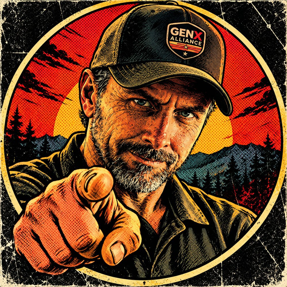 Sean (SAMX) in a GenX Alliance cap, pointing at you, drawn in retro comic style